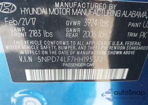 2017 Hyundai Elantra Se from USA, damaged, VIN 5NPD74LF7HH195372